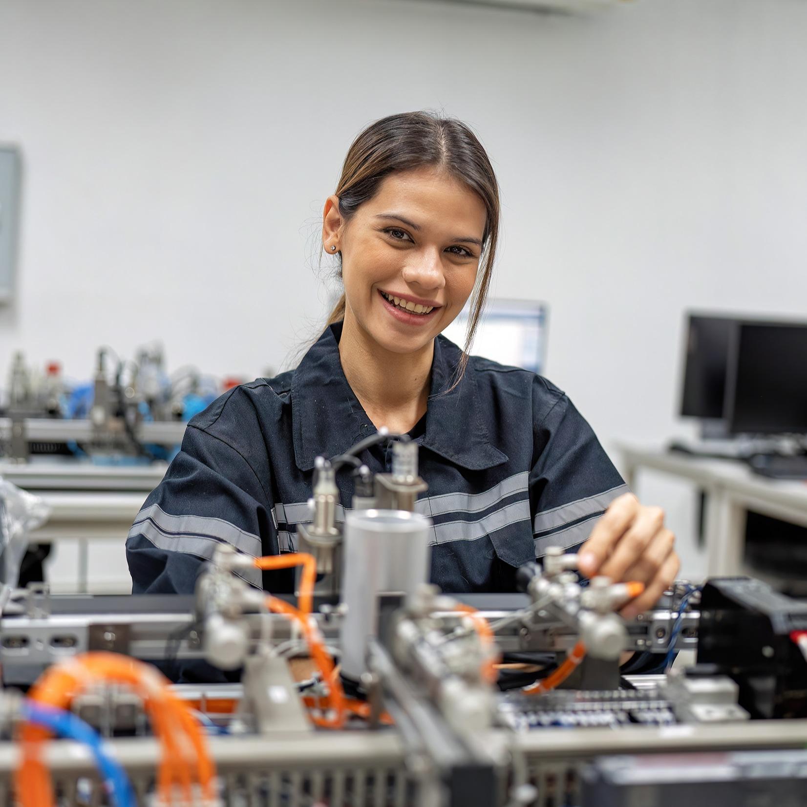 Female engineer sitting in robot fabrication room quality checking electronic control board